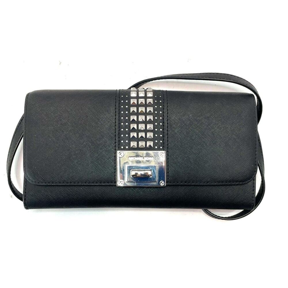 Michael Kors Black Saffiano Leather Tina Small Studded Clutch Crossbody Bag NWT